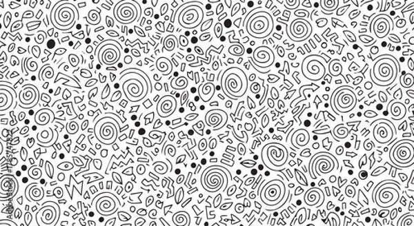 Fototapeta Abstract seamless doodle pattern vector background with swirling lines and organic elements in black and white