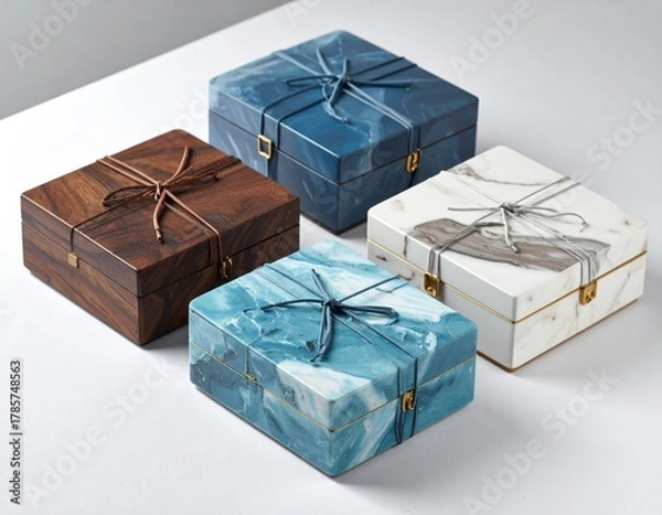 Obraz Four decorative boxes tied with string on a bright white table