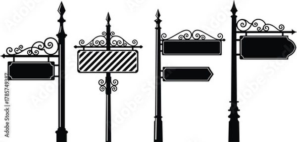 Obraz Ornate vintage street sign silhouettes with decorative scrollwork poles, retro directional boards, classic signage design, historical style, urban navigation illustration