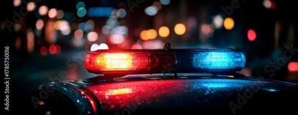 Obraz Police car with blue and red lights flashing at night, close-up photo  