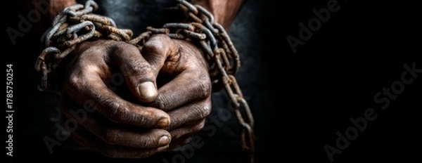 Fototapeta Enslaved black man's hands chained and bound in darkness  