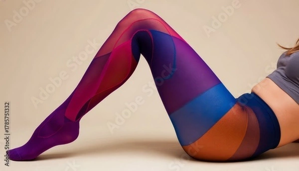 Fototapeta Woman's legs vibrant abstract hosiery in swirling pink, purple, blue and orange tones, a modern fashion statement of bold color, form and feminine self expression avant-garde fashion shoot faceless