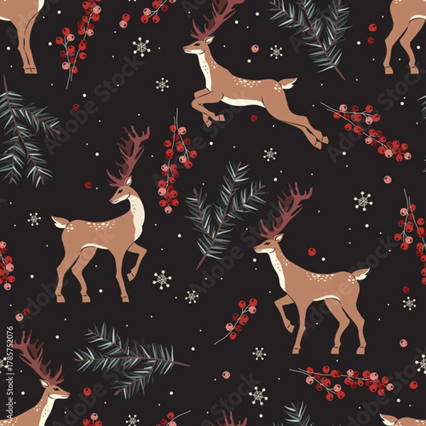 Fototapeta Winter pattern. Seamless background with deers, snowflakes, herbs. Design for paper, cover, fabric, interior decor.