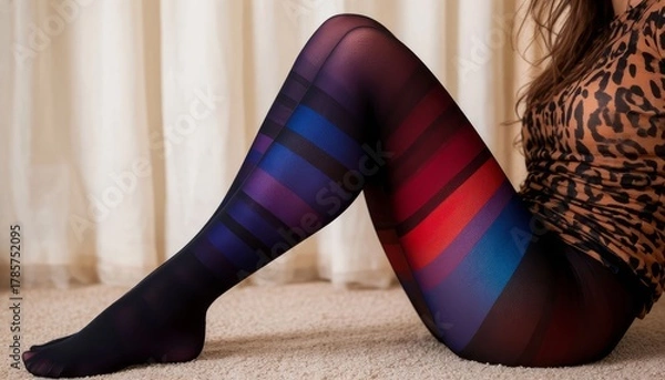 Fototapeta Woman sitting on carpet floor showcasing legs dressed in vibrant striped tights stylish leopard print top, expressing modern fashion and comfortable indoor living avant-garde fashion shoot faceless
