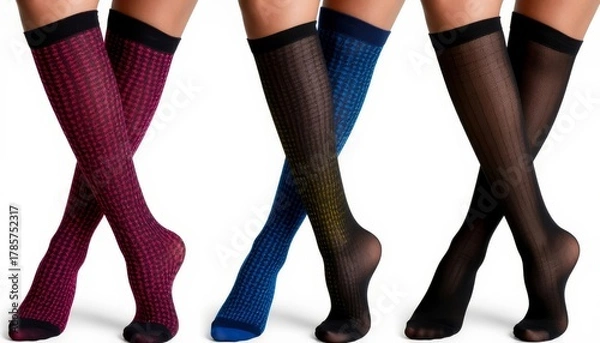 Fototapeta Women's legs wearing patterned colorful knee high socks and sheer black hosiery, crossing legs, displaying various fashion styles and textures on a white background avant-garde fashion shoot faceless
