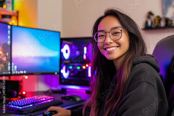 Fototapeta Professional Gamer Practicing Strategies on Dual Monitor RGB Setup