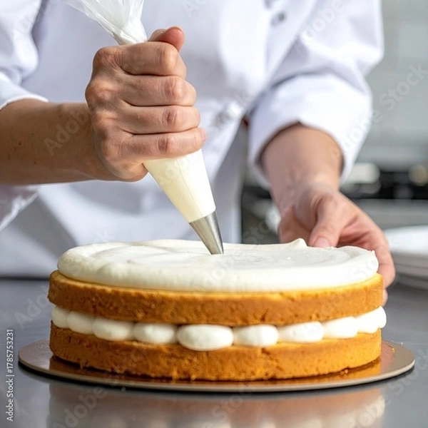 Obraz Cake icing hands piping cream onto a layer cake