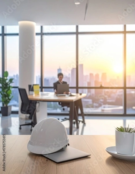 Obraz Bright office; helmet & laptop on foreground desk