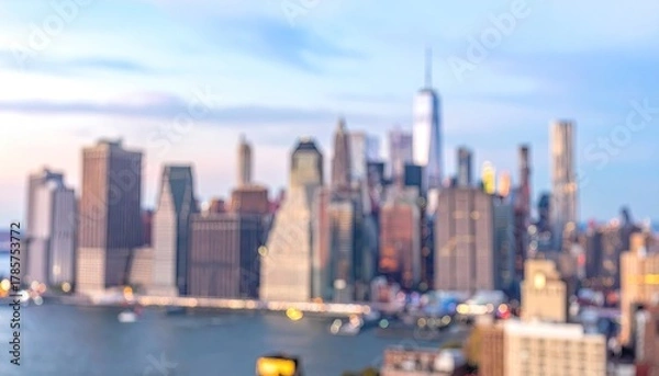 Obraz Blurred city skyline at dusk, skyscrapers, and waterfront