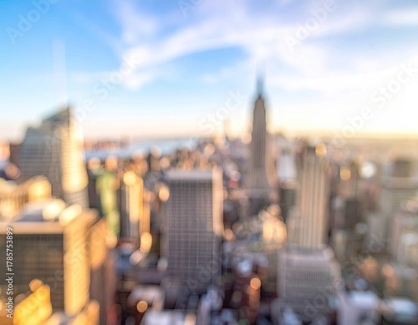 Obraz Blurred cityscape with tall buildings, bright sunny sky