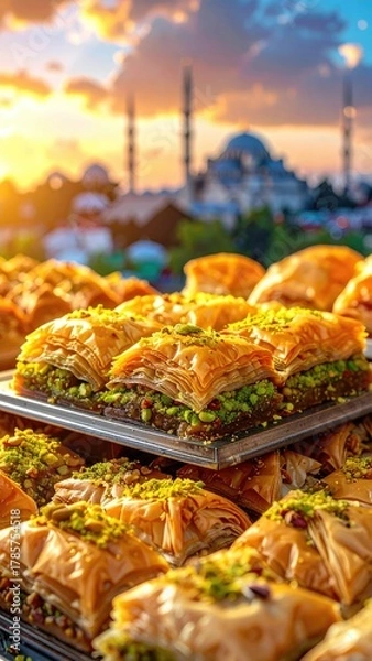Obraz Baklava, dessert layered with pistachios and blurred skyline