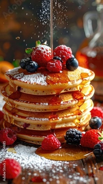 Obraz Stacked pancakes topped with berries, drizzled with syrup