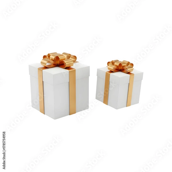 Fototapeta White gift boxes with golden ribbon flying isolated on transparent