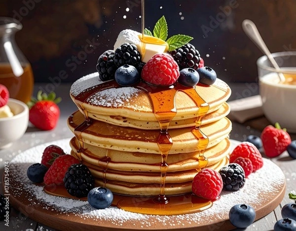 Obraz Stack of pancakes with berries, butter, and syrup