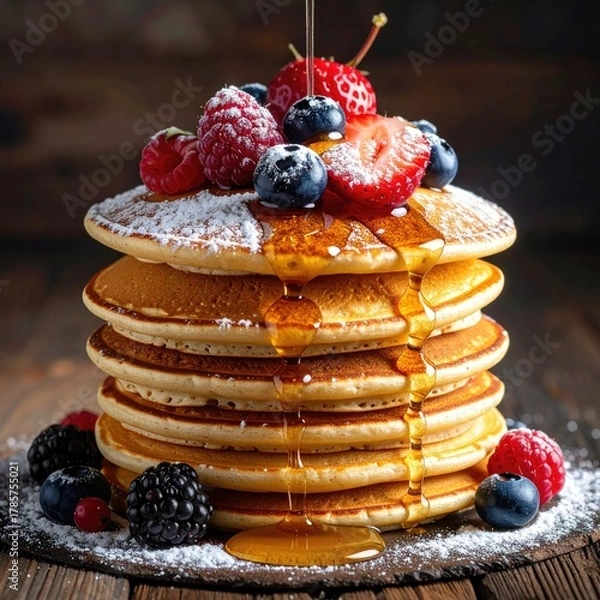 Obraz Stack of pancakes with berries and syrup on wooden surface