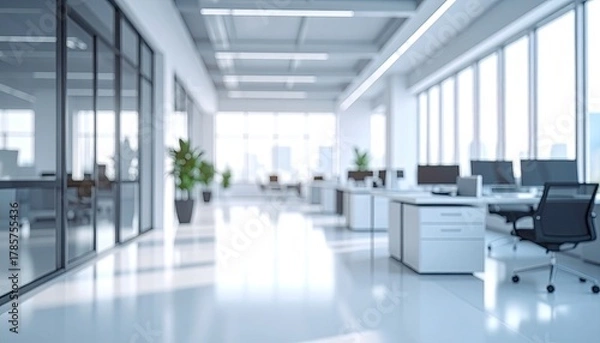 Obraz Bright, blurred modern office space with desks and greenery