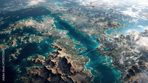 Fototapeta Aerial view of a coastal landscape with islands and waterways environmental concept