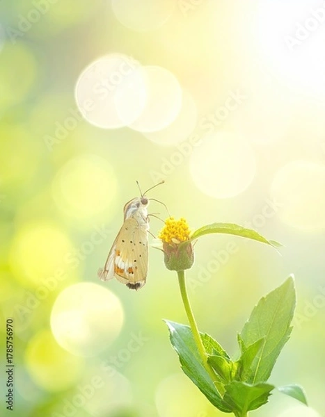 Obraz Small butterfly on yellow flower, bokeh background