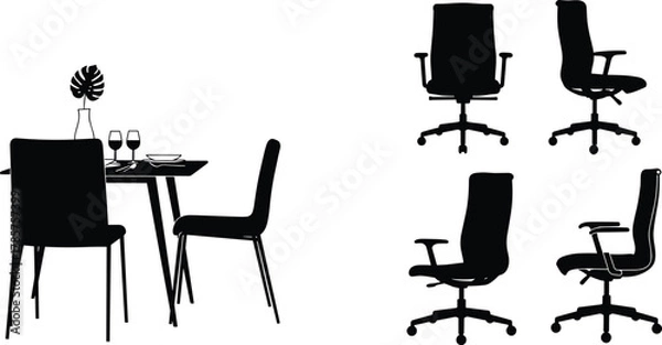 Obraz Silhouettes of dining table with chairs and office chairs, furniture illustration, interior design elements, modern seating arrangement, home and workplace decor