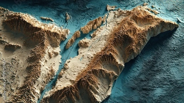 Fototapeta Topographic map of coastal terrain with mountains and ocean in detailed view