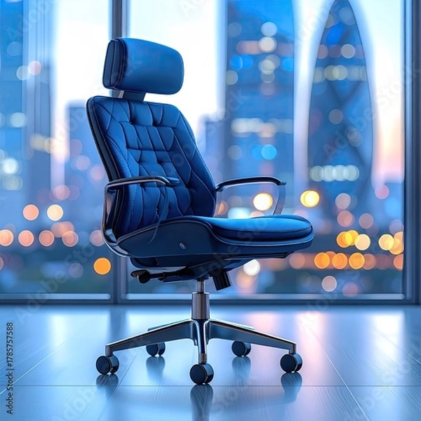 Obraz Blue executive chair with cityscape bokeh background