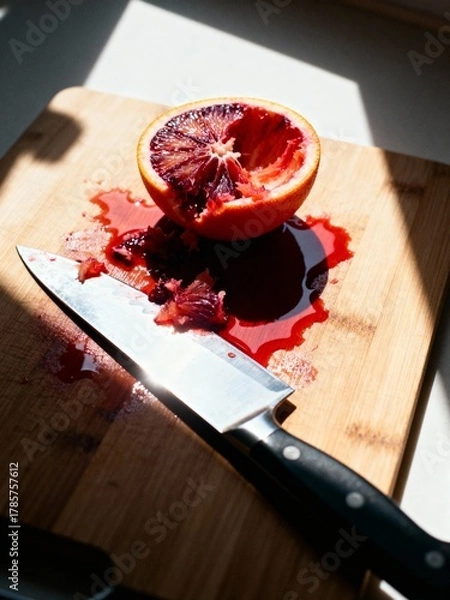 Obraz Juicy Blood Orange on a Cutting Board. Vibrant, fresh, and messy.
