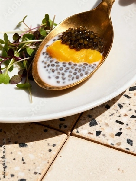 Obraz Luxurious Amuse-Bouche: Caviar and Mango on a Chia Pudding Spoonful.