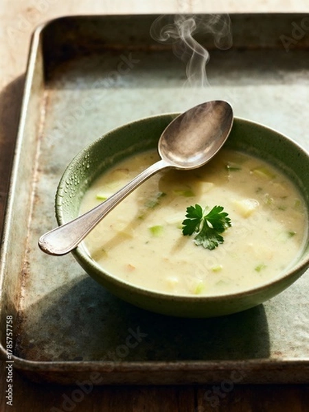 Fototapeta Creamy and Comforting Potato Leek Soup. A simple, classic dish.