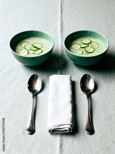Fototapeta Chilled Cucumber and Yogurt Soup for Two. A refreshing summer starter.
