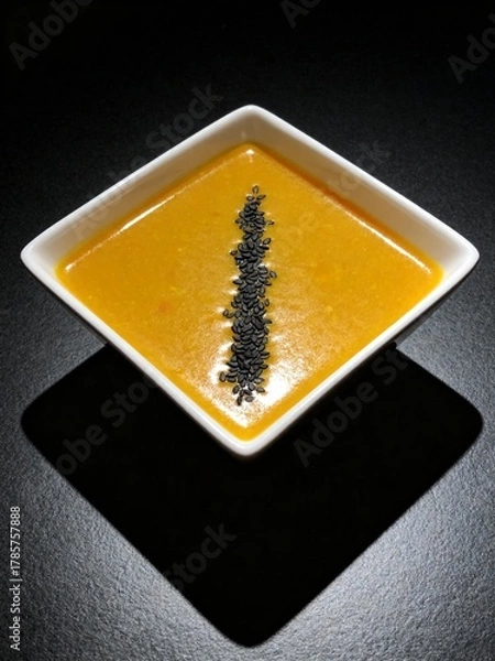 Obraz Minimalist Pumpkin Soup with Black Sesame. A study in contrast and form.