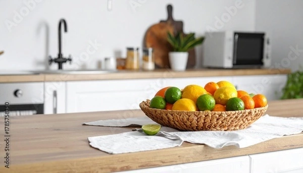 Fototapeta A woven basket of citrus fruits—lemons, limes, and oranges—sits on a wooden countertop in a bright, minimalist kitchen with white cabinetry and natural accents, evoking freshness, warmth, and the rhyt