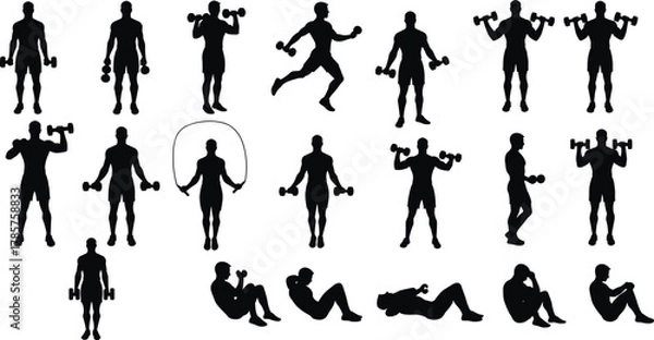 Fototapeta Silhouettes of men exercising with dumbbells, fitness training poses, gym workout, strength exercise collection, bodybuilding, physical activity illustration