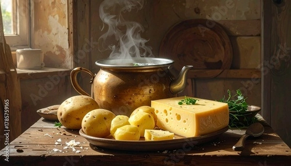 Fototapeta A steaming brass pot sits on a rustic wooden table surrounded by peeled potatoes, fresh herbs, and a block of cheese—evoking warmth, tradition, and the savory rhythm of homestyle cooking.