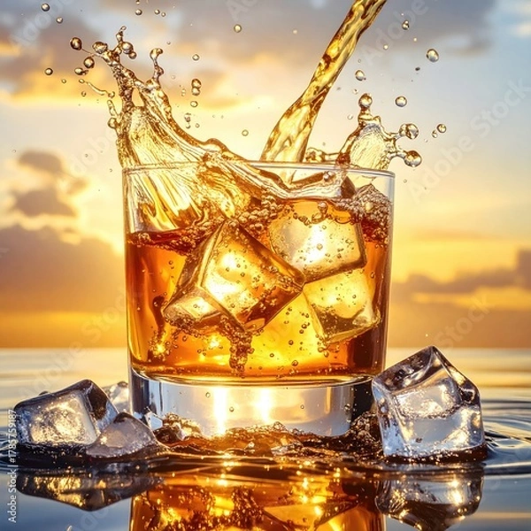 Obraz Spilled liquor over ice, sunset reflecting, amber liquid