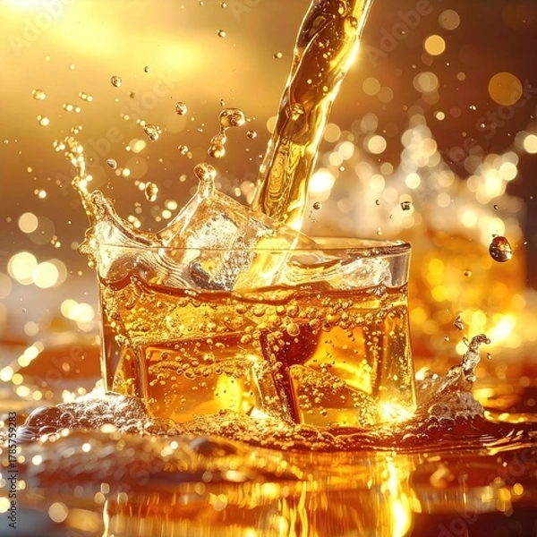Obraz Liquid splashes into a glass with ice, warm bokeh lights
