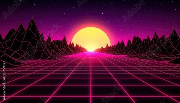 Obraz Synthwave sunset grid, mountains, retro future aesthetic