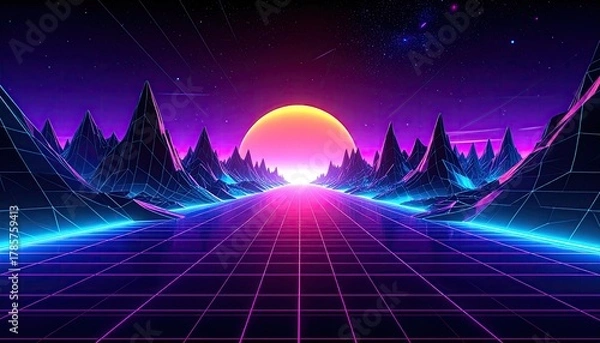 Obraz Synthwave grid over mountains, bright sun and starry sky