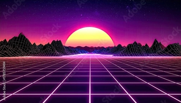 Obraz Retro grid world, sunset over mountains