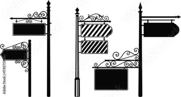 Obraz Vintage ornamental street sign silhouettes with decorative wrought iron scrollwork poles, retro signage boards, classic design, historical style, urban navigation illustration