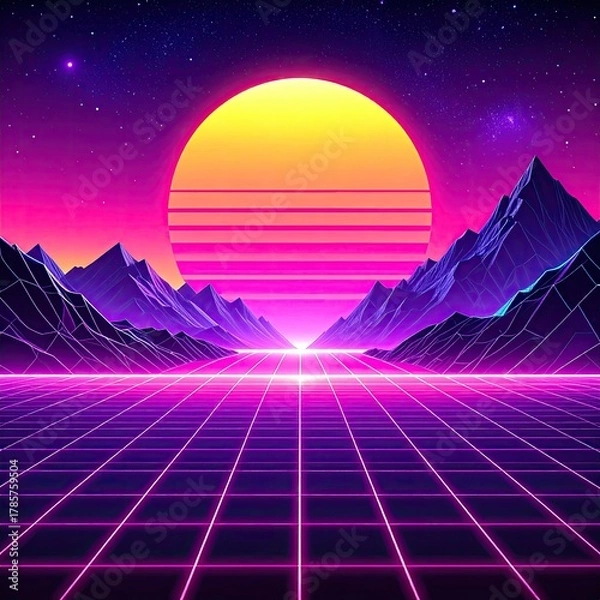 Obraz Retro synthwave landscape with grid, mountains, and sunset