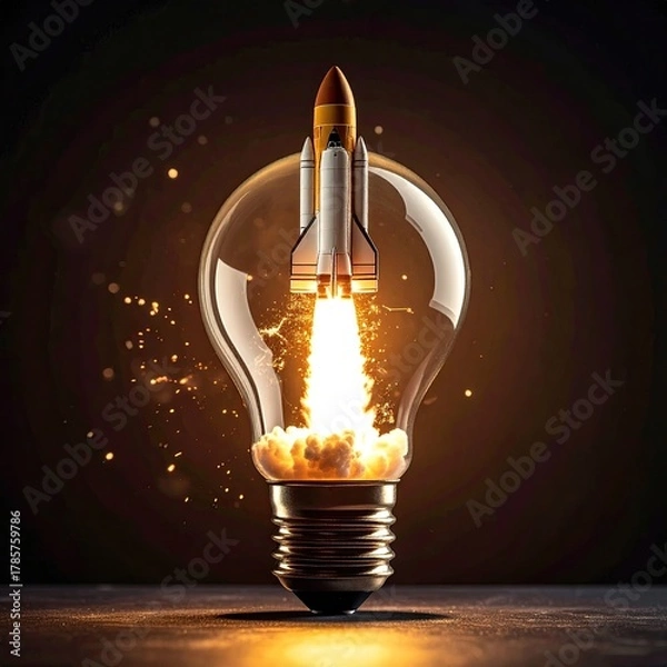 Obraz Rocket launching from bulb. Idea takes flight in innovation