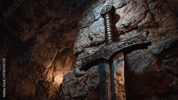 Fototapeta Ancient sword embedded in stone wall with ornate details and transparent background