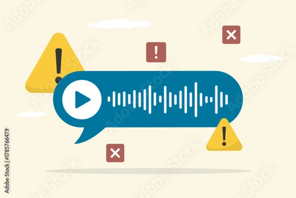 Fototapeta Ban on using voice messages and loud conversations. System failure and refusal to produce voice message, sound waves. Problem or system failure. Virus attacked online file.