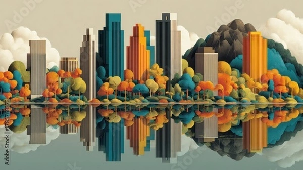 Fototapeta Colorful cityscape with mountains and reflections on transparent background