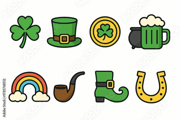 Fototapeta St. patrick’s day symbols: shamrock, leprechaun hat, gold coin, beer mug, rainbow, pipe, boot, horseshoe
