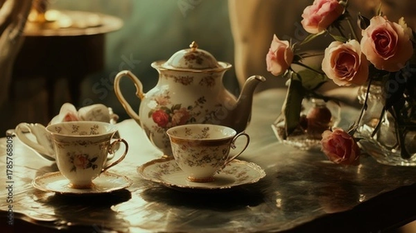 Obraz Elegant Afternoon Tea Still Life with Roses and Floral Porcelain Service
