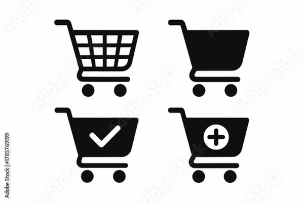 Fototapeta Set of shopping cart icons featuring checkmarks and add symbols