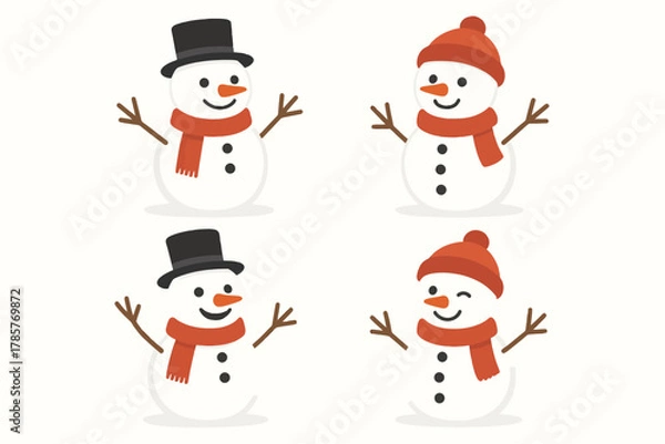 Fototapeta Cheerful cartoon snowmen in red scarves and hats with joyful expressions