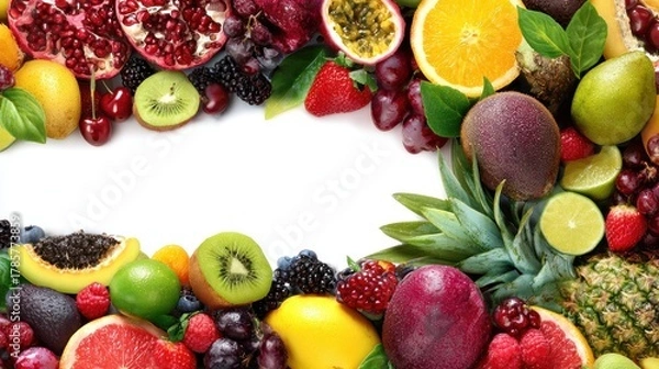 Fototapeta Colorful assortment of fresh fruits arranged with transparent background