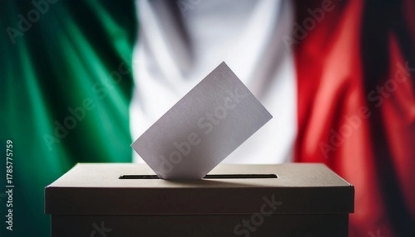 Obraz a paper in a voting box; blurred italy flag background